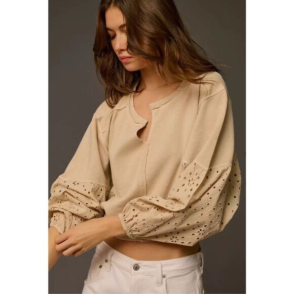 Pilcro Anthropologie Batwing Eyelet Sweatshirt Top Eyelet Embroidered L Boho - Picture 10 of 12